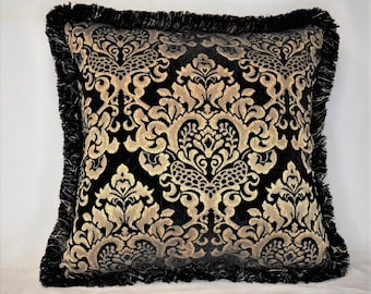 black gold chenille fringed decorative throw pillows for sofa chair handmade in usa