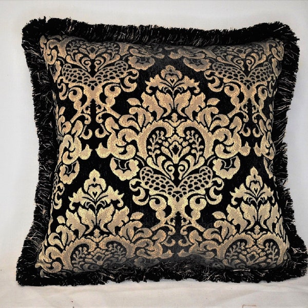 black gold chenille damask fringed decorative throw pillows for sofa chair handmade in usa