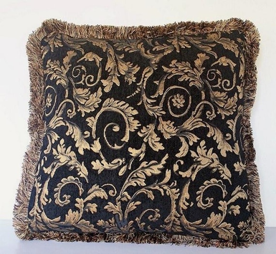 large black gold floral leaf throw pillow with fringe for sofa or chair handmade in usa rectangle or square