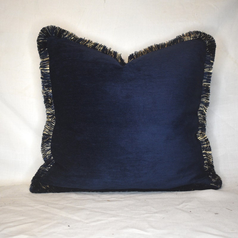 Soft Navy Blue Fringe Linen Pillow 26x26 Down Alternative Insert