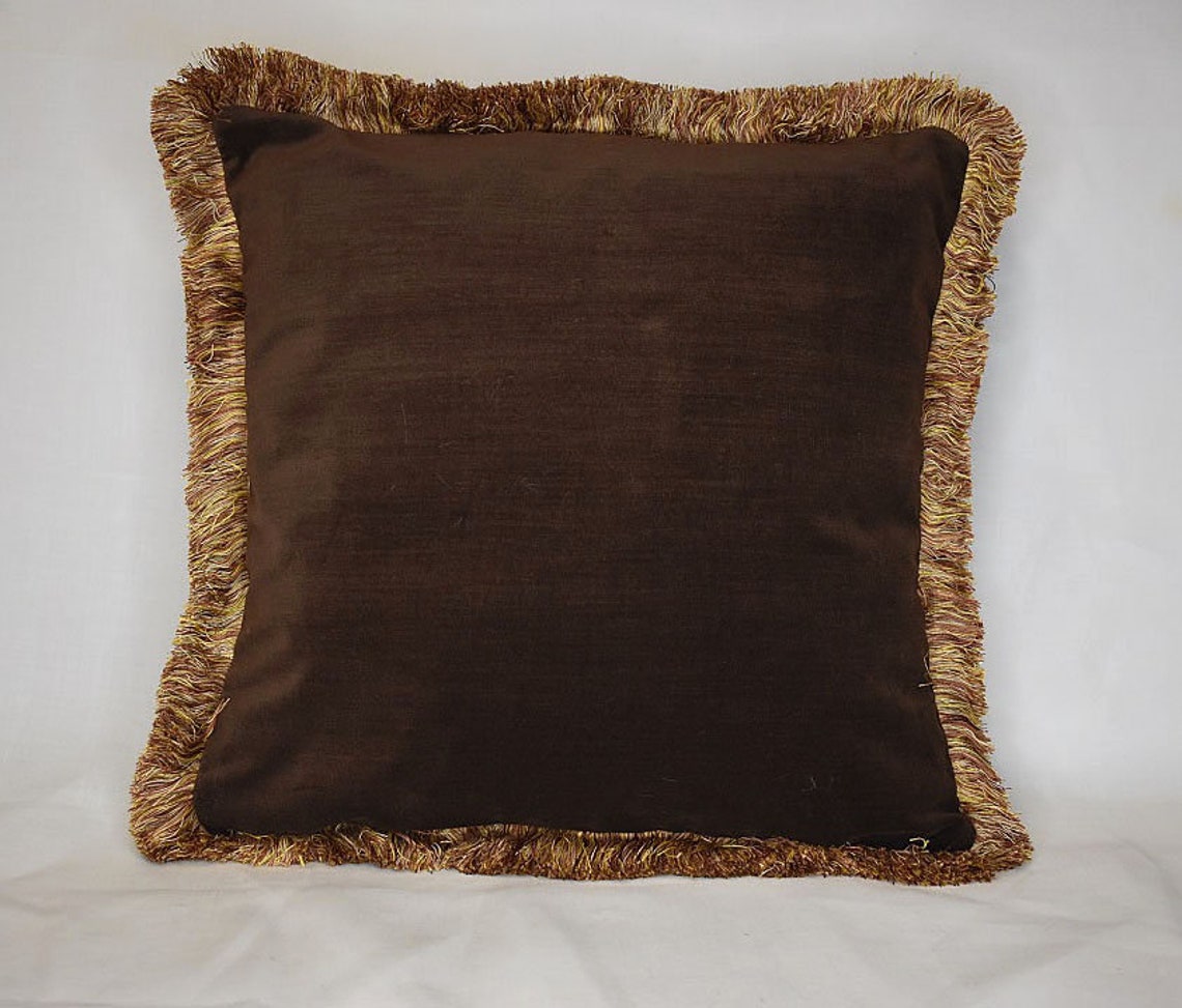 Large brown velvet throw pillow with gold fringe for sofa Etsy