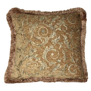 large gold floral pillows in chenille with fringe for sofa chair or couch with inserts made in usa