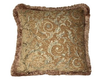 Grandes cojines florales dorados de chenilla con flecos para sofá, sillón o sillón, con insertos, fabricados en EE. UU.