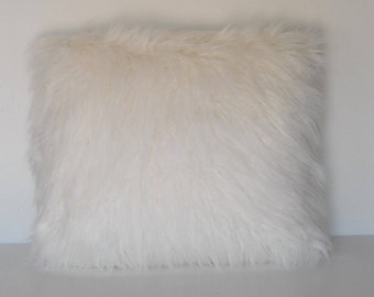 large long mongolian sheepskin faux fur pillow  white for sofa handmade