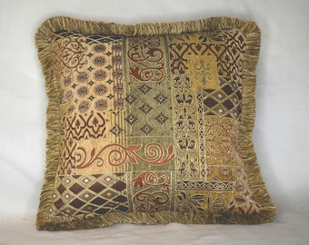 brown gold rust patchwork print chenille pillows with fringe for sofa chair couch