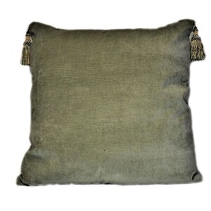 May include: A green velvet pillow with tassels on each corner. The pillow is a solid color and has a soft, plush texture.