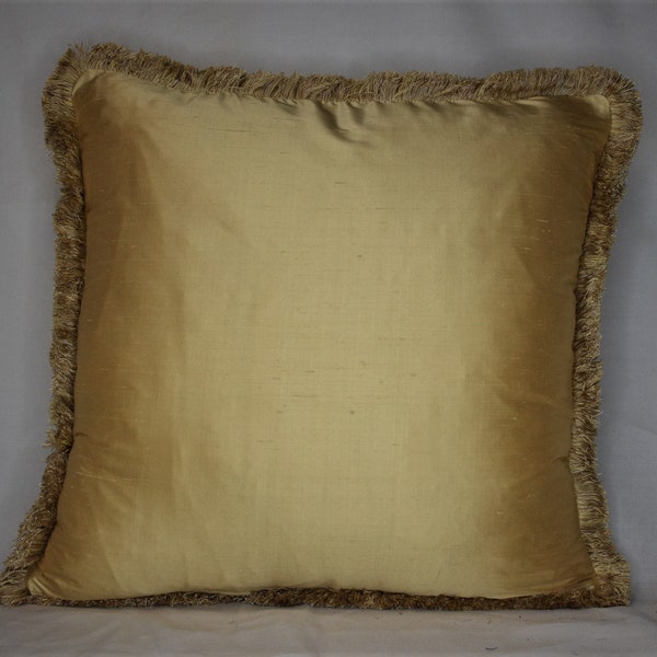 yellow gold imported silk decorative throw pillow with fringe for living room sofa