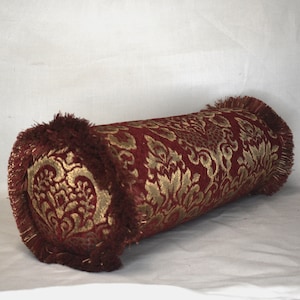woven chenille damask round bolster decorative pillow red gold fringe