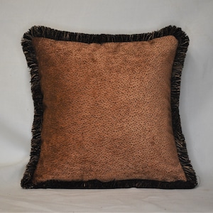 Solid chenille gold or copper black dot throw pillow with black fringe for sofa or chair handmade usa