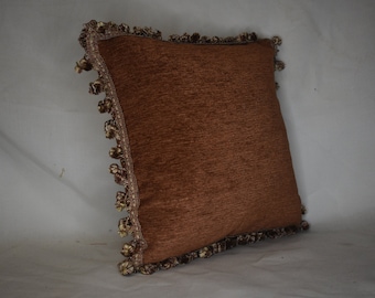 burnt orange copper chenille decorative throw pillow with fringe