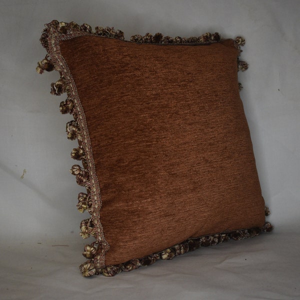 burnt orange copper chenille decorative throw pillow with fringe