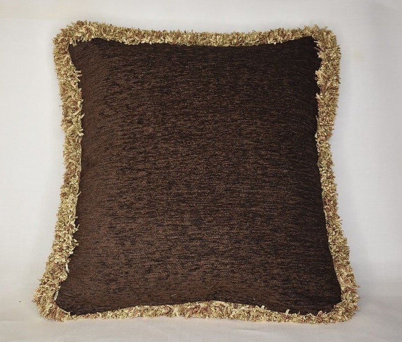 Solid brown chenille throw pillow with goldbrown brush fringe