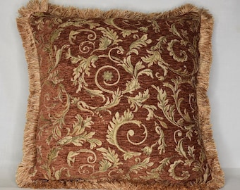 burnt orange gold floral pillows in chenille with fringe for sofa chair or couch with inserts made in usa