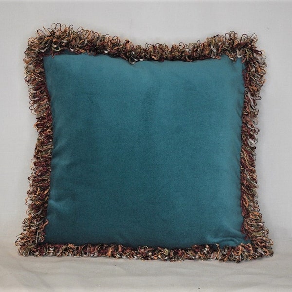 dark turquoise velvet decorative pillow with rusty burgundy and gold fringe for sofa or chair handmade usa