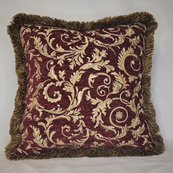 large embroidered  burgundy red gold leaf chenille fringe pillow for sofa or chair hand made in usa