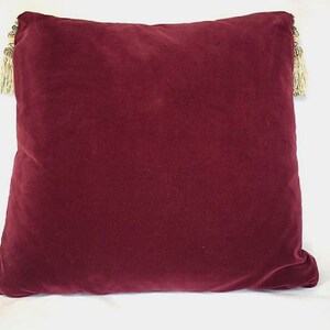 May include: A burgundy velvet pillow with gold tassels on each corner.