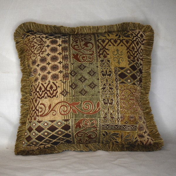 brown gold rust patchwork print chenille pillows with fringe for sofa chair couch