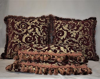 large burgundy red gold leaf chenille fringe pillow for sofa or chair hand made in usa