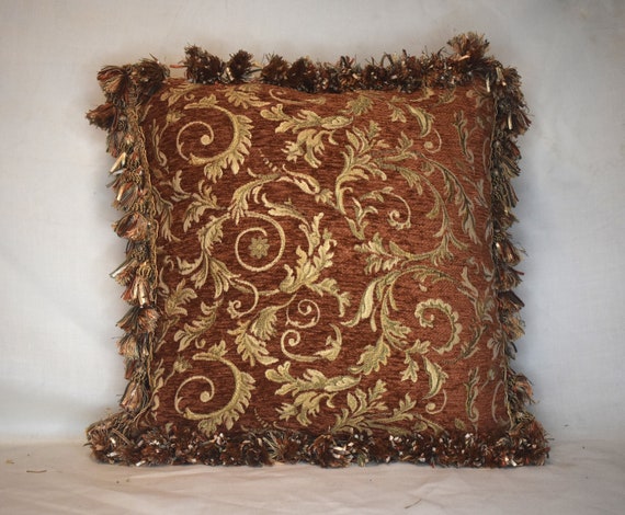 burnt orange gold floral pillows in chenille with fringe for sofa chair or couch with inserts made in usa