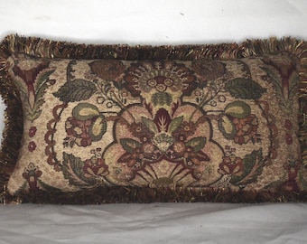 small chenille gold green rust floral fringe decorative lumbar pillow for sofa or chair