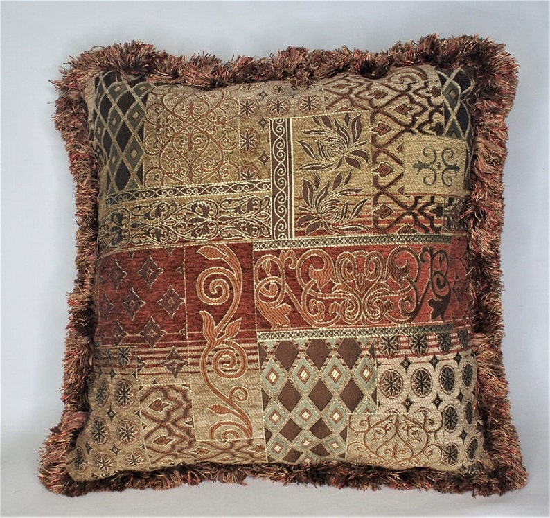 Brown gold rust patchwork print chenille pillows with fringe Etsy