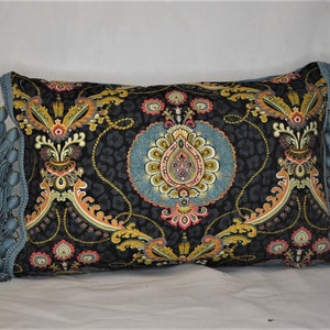 turquoise gold black lumbar decorative throw pillow for chair of sofa with tassel fringe