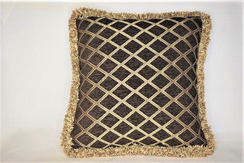 Solid brown chenille throw pillow with goldbrown brush fringe
