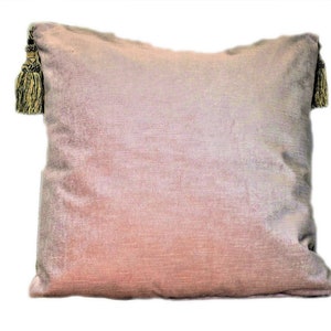 May include: A soft, pink and white ombre throw pillow with gold tassels on each corner.