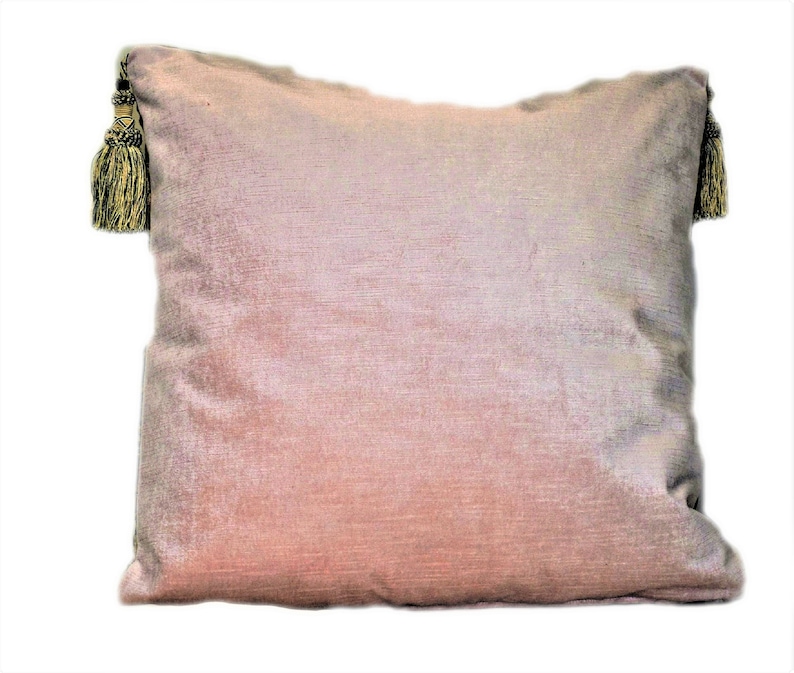 May include: A soft, pink and white ombre throw pillow with gold tassels on each corner.