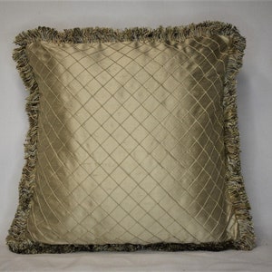 Silk diamond tuck pleated gold decorative throw pillow with fringe handmade in usa for sofa chair or bed
