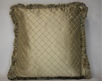 Silk diamond tuck pleated gold decorative throw pillow with fringe handmade in usa for sofa chair or bed