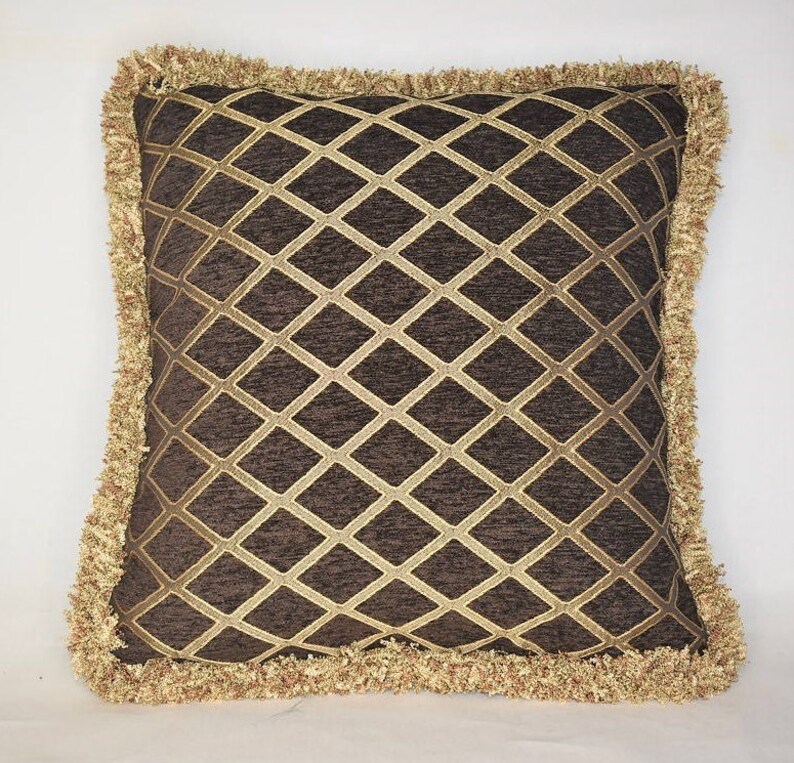 Large Brown Gold Geometric Stripe Solid Chenille Throw Pillow Etsy