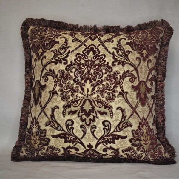 traditional dark red burgundy and gold damask floral print decorative throw pillow for sofa