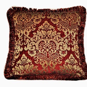 large embroidered chenille damask red and gold decorative throw pillows in stripes, solids and other designs with fringe made in usa