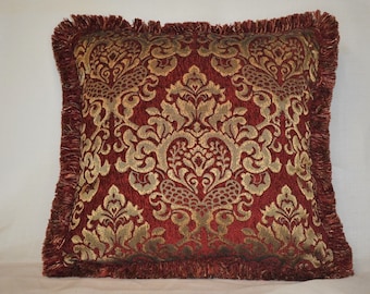 large embroidered chenille damask red and gold decorative throw pillows in stripes, solids and other designs with fringe made in usa