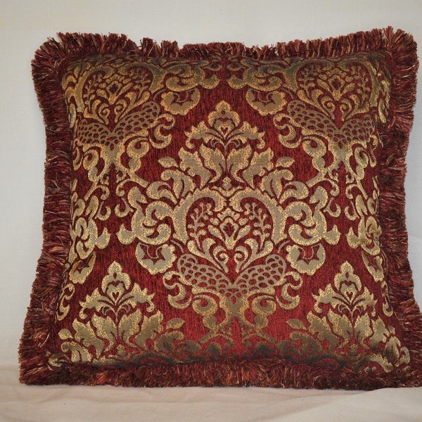 large embroidered chenille damask red and gold decorative throw pillows in stripes, solids and other designs with fringe made in usa
