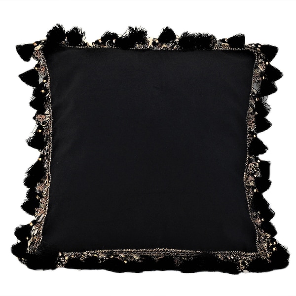 large black and gold velvet tassel fringed pillow square or rectangle handmade in usa
