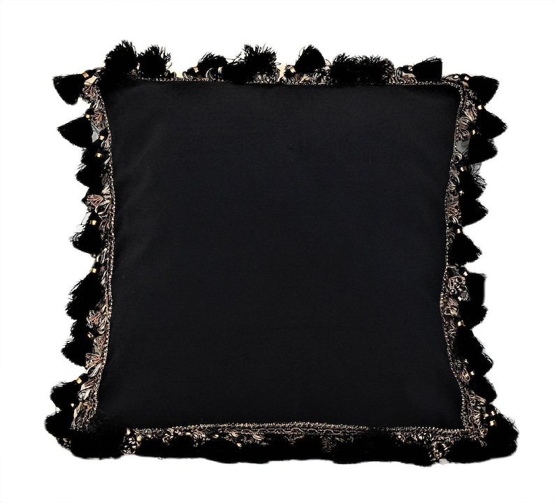 large black and gold velvet tassel fringed pillow square or rectangle handmade in usa image 1