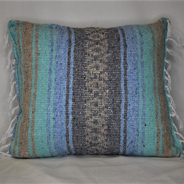 thumbnail image 2 of Blue And Mint Mexican Blanket Serape Throw – Handmade Boho Falsa Blanket From Mexico 2 of 6