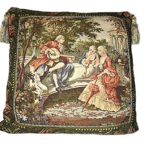Belgian french tapestry pillow with tassels in red gold green for sofa for living room image 1