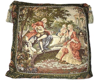 Belgian french tapestry pillow with tassels in red gold green for sofa for living room