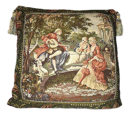 Belgian french tapestry pillow with tassels in red gold green for sofa for living room
