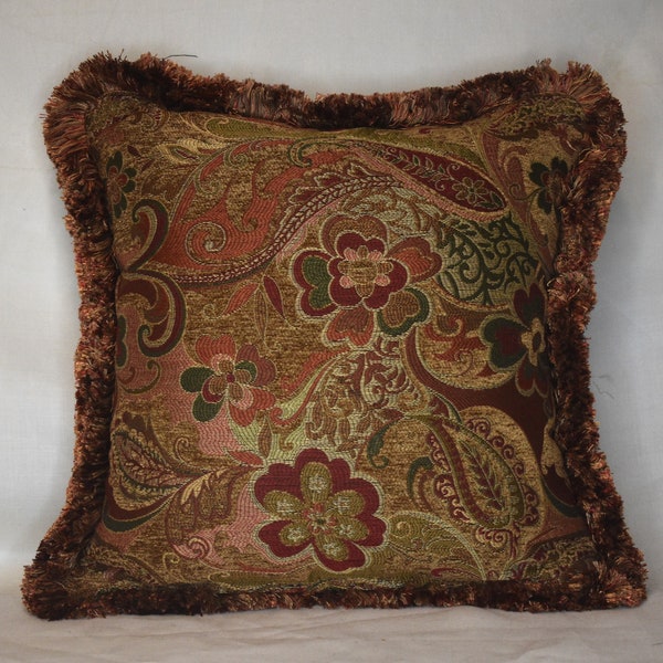 chenille floral print decorative throw pillow gold red orange green with fringe