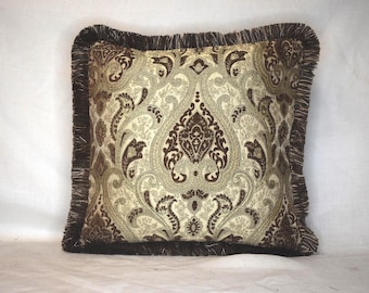 chenille brown medallion decorative throw pillow with fringe for sofa