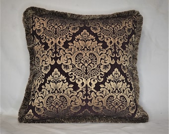 Brown and gold chenille throw pillow with gold/brown brush fringe