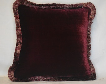 Silk Velvet Dark Red Decorative Throw Pillow With Fringe for