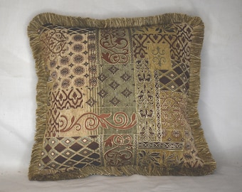 brown gold rust patchwork print chenille pillows with fringe for sofa chair couch