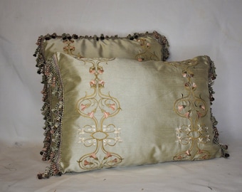 floral embroidered faux silk in light green with gold and peach flowers decorative pillow