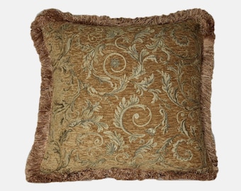large gold floral pillows in chenille with fringe for sofa chair or couch with inserts made in usa