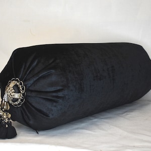 off white black burgundy velvet round bolster pillows with fringe and tassel for sofa chair or bed